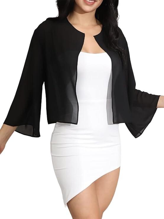  Chiffon Bolero Jacket Evening Wedding Shrugs Long Sleeve Summer Chiffon Topper Chiffon Bridal Crop Top Dress Cape for Women and Girls Black
M
