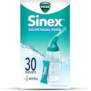 Vicks Sinex Saline Nasal Rinse Starter Kit, Drug Free Saline, Flush Out Mucus and Allergens, Fast & Effective Relief for Everyday Congestion from Sinus & Allergy, 1 Bottle + 30 Refill Packets
