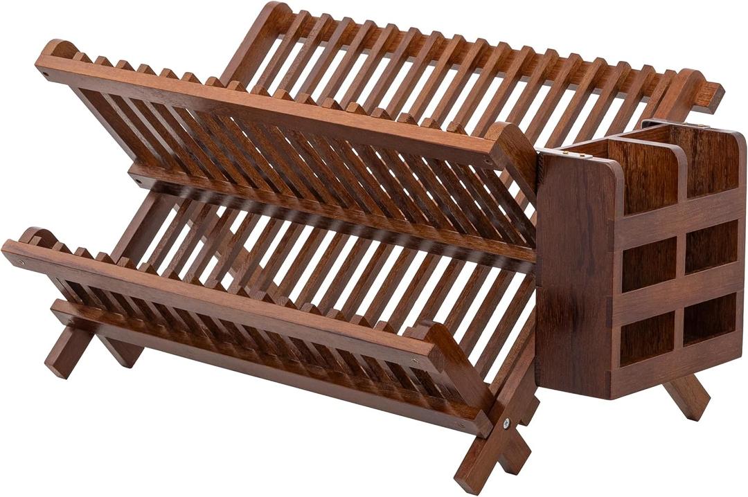 HBlife Dish Rack,Teak Folding 2Tier Collapsible Drainer Dish Drying Rack with Utensils Flatware Holder Set (Dish Rack with Utensil Holder)