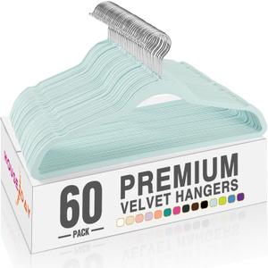 HOUSE DAY Sky Blue Velvet Hangers 60 Pack, Non Slip Clothes Felt Hanger Heavy Duty for Coat, Premium Slim Space Saving Suit Hangers for Closet Organizer, 360 Rotating Silver Hook