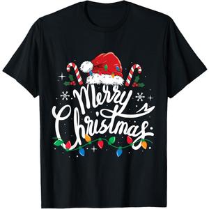 Merry Christmas Lights Red Santa Hat Xmas Family Men Women TShirt (XL)