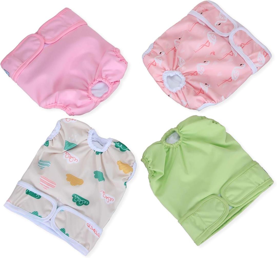 Teamoy Female Dog Diapers for Heat 4-Pack, Reusable Dog Period Diaper Wraps for Incontinence, Training & Housebreaking, Size M (Flamingo+ Cloud+ Green+ Pink (4pcs))