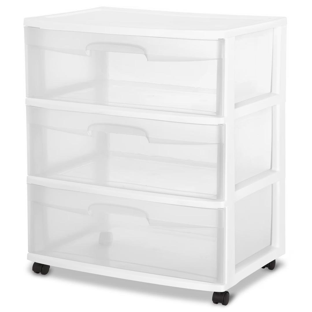 Sterilite Wide 3 Drawer Storage Cart, Plastic Rolling Cart with Wheels to Organize Clothes in Bedroom, Closet, White with Clear Drawers, 1-Pack (Cracked, warped)