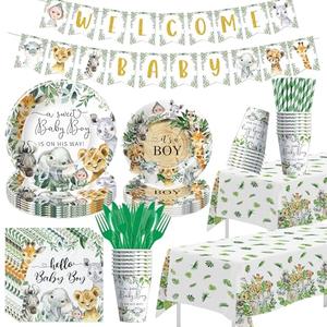 Owelleny Jungle Safari Baby Shower Decorations, 195Pcs Jungle Theme Baby Boy Table Decorations, Plate, Napkin, Cup, Tablecloth, Banner, Cutlery, Wild Animal Baby Shower Party Supplies, Serves 24