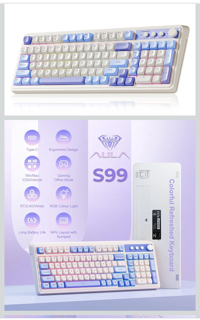 AULA 99 Key Keyboard, Tri-Mode Bluetooth/2.4GHz/USB-C Cute Creamy Gaming Keyboard with Number Pad RGB Backlit, Media Knob Custom Mechanical Feel Computer Keyboards for MAC Xbox PC Gamer - Purple