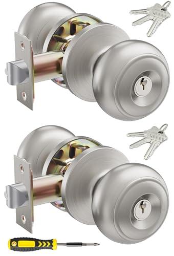 2 Pack Keyed Entry Door Knob Set, All Keyed Same Exterior and Interior Stainless Steel Door Locks, Satin Nickel Front/Entrance Door Knobs Handle