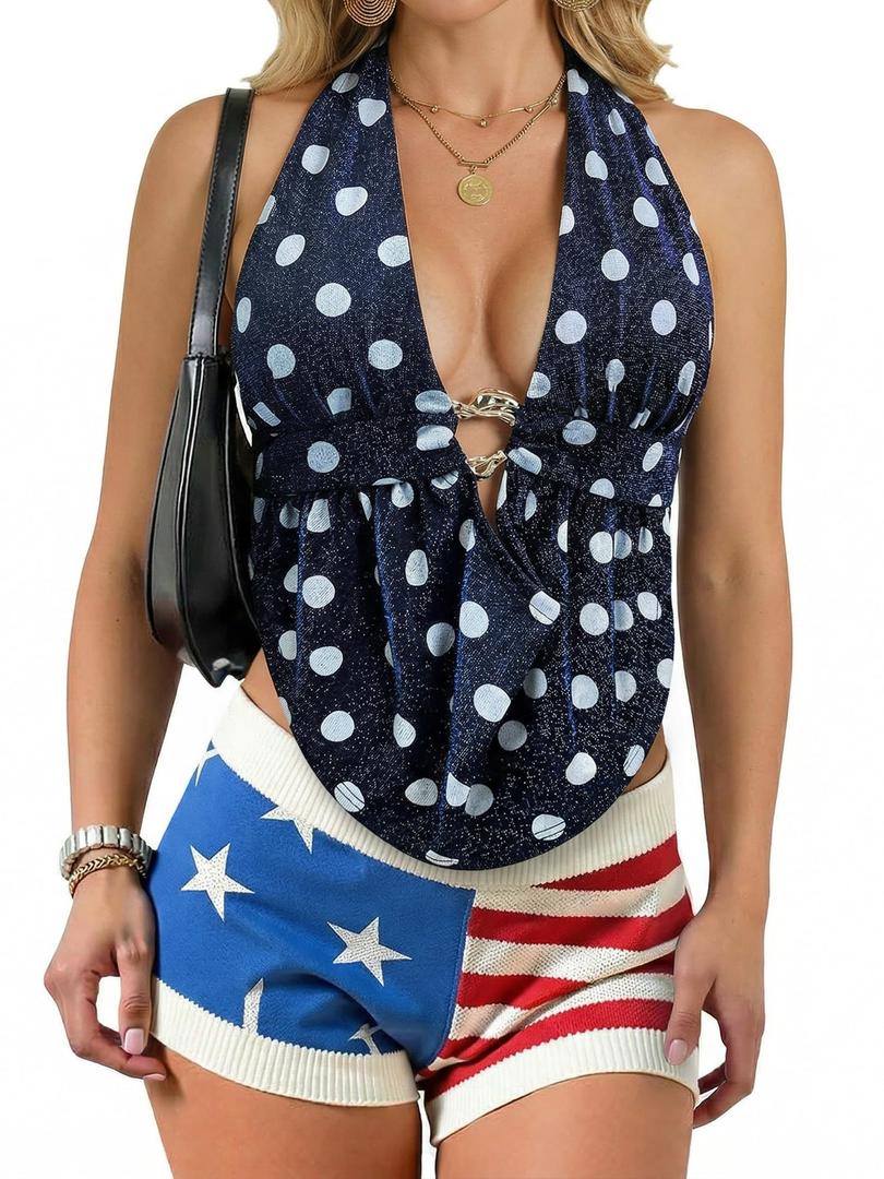 Womens Sexy Sparkly Halter Backless Going Out Top Deep V Plunge Tie Back Cute Sleeveless Club Date Night Concert Tank Tops