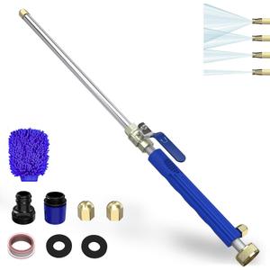 Buyplus Jet Nozzle High Pressure Hose Nozzle, 2-in-1 High Pressure Power Washer for House, Jet Nozzle for Garden Hose Power Washer Wand with 3 Different Tips, Quick Connectors and Gloves, 18 Inch Blue