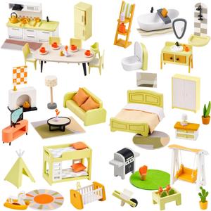 Giant bean 85pcs Wooden Plastic Dollhouse Furniture Set for 6 Rooms, Modern Dollhouse Accessories Pretend Play Furniture Toys for Boys Girls Toddlers & Kids 3 4 5 6 7 Years and up