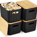 Ohmlove 4 Packs Storage Bins with Bamboo Lids  Plastic Storage Containers with Lids Stackable Storage Box: Storages Baskets for Organizing Desktop Closet Playroom Classroom Office, Black