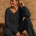 MEROKEETY Women's 2 Piece Outfits Long Sleeve V Neck Knit Pullover Tops and Wide Leg Pant Lounge Set (Black, S)