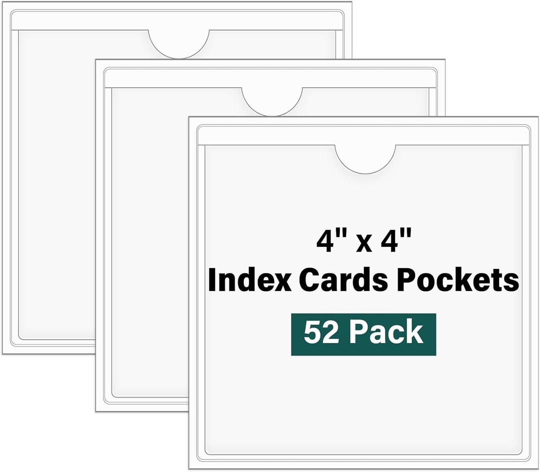 52 Pack Index Card Pockets with Top Open, 4 x 4 Inch Adhesive Label Pockets Clear Plastic Index Card Holder for Organizing, Storage Bins, Library Cards, Notes
