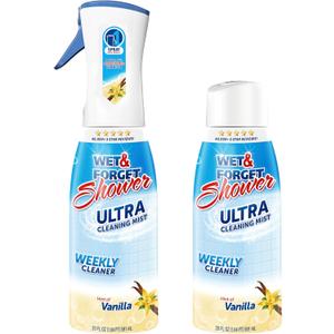 WET & FORGET Shower Ultra Cleaner Mist Vanilla Scent No-Scrub Weekly Bathroom Spray for Fiberglass, Tile, Glass, Grout & More, 1 Spray and 1 Refill, 20oz each