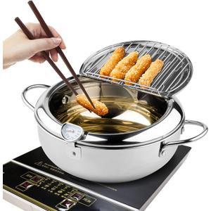 Kerilyn Deep Fryer Pot, 9.4 Inch/3.4 L Janpanese Style Tempura Frying Pot with Lid, 304 Stainless Steel with Temperature Control and Oil Drip Drainer Rack, for Kitchen French Fries, Chicken etc