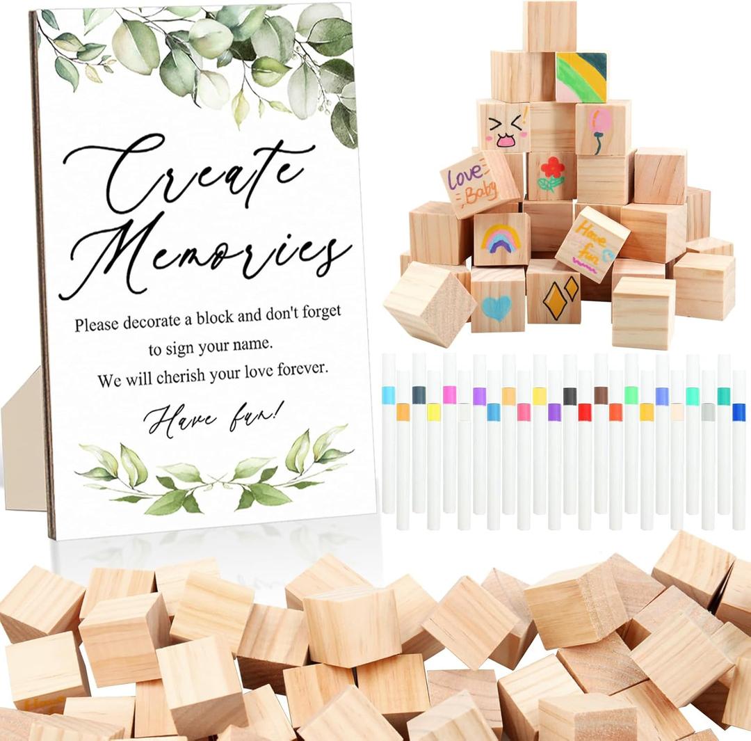 97 Pcs Baby Shower Games Sign Kit,Including Decorate a Block Game Sign 72 DIY Blank Wooden Block 24 Painting Pen to Draw Your Idea for Baby Shower Game Gender Reveal Party