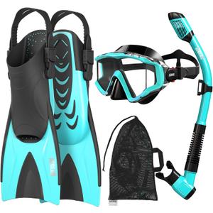 Aegend 4-in-1 Snorkeling Gear for Adult Men Women with Travel Mesh Bag | Anti-Fog Panoramic Mask Set, Adjustable Fins & Dry Top Snorkel All-in-One Travel Snorkel for Swimming, Diving & Snorkeling