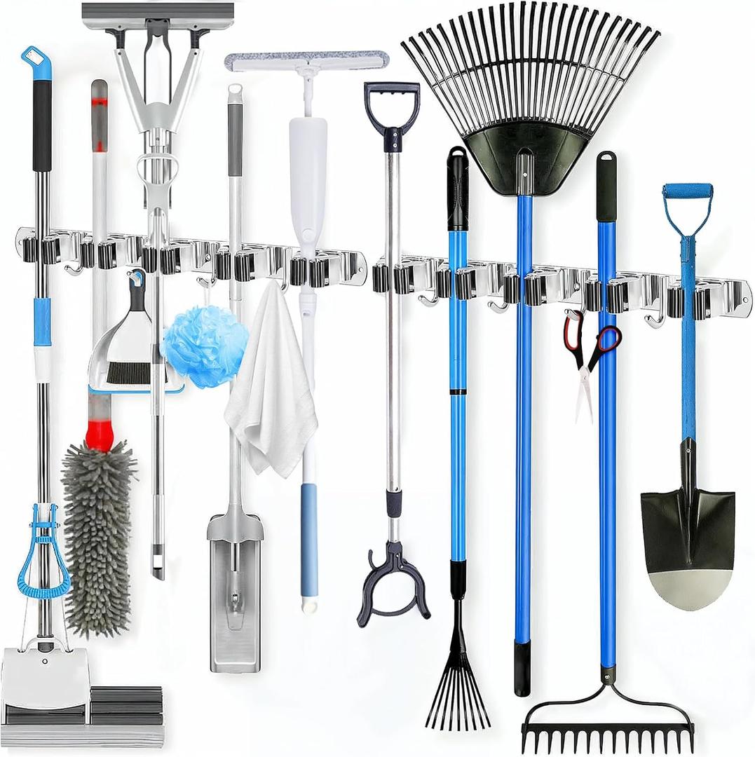 2 Pack Heavy Duty Wall Mount Broom Holder – Stainless Steel with 5 Racks & 4 Hooks Broom Organizer– Self-Adhesive or Screw Mount Mop Holder for Garage, Laundry, Kitchen – Silver