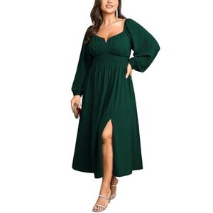 SCOMCHIC Women Plus Size Formal Dresses Long Sleeve Square Neck Wedding Guest Cocktail Split A-Line Maxi Long Dress Emerald Green, Size 2XL