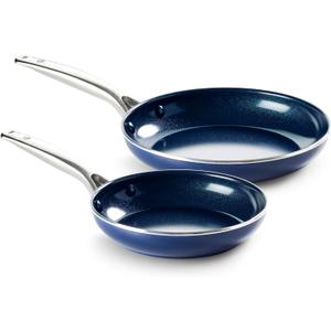 Blue Diamond 9.5 & 11" Nonstick Frying Pan Skillet Set, Diamond Infused PFAS & PTFE-Free Ceramic Pots & Pans, Dishwasher & Oven Safe, Stay Cool Handles, Durable Non Toxic Metal Utensil Safe, Blue
