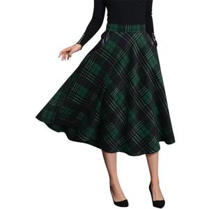 IDEALSANXUN Womens Plaid Wool Skirts Elastic Waist A-Line Pleated Tartan Long Skirts (Mid-calf Green)