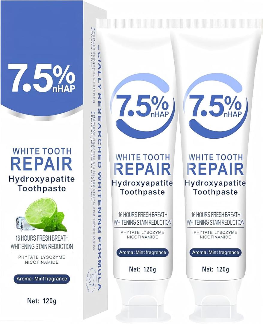 2 x Hydroxyapatite Toothpaste for Sensitive Teeth  Enamel Repair & Whitening, FluorideFree with Natural Mint, Fresh Breath, Cavity Protection (120g)