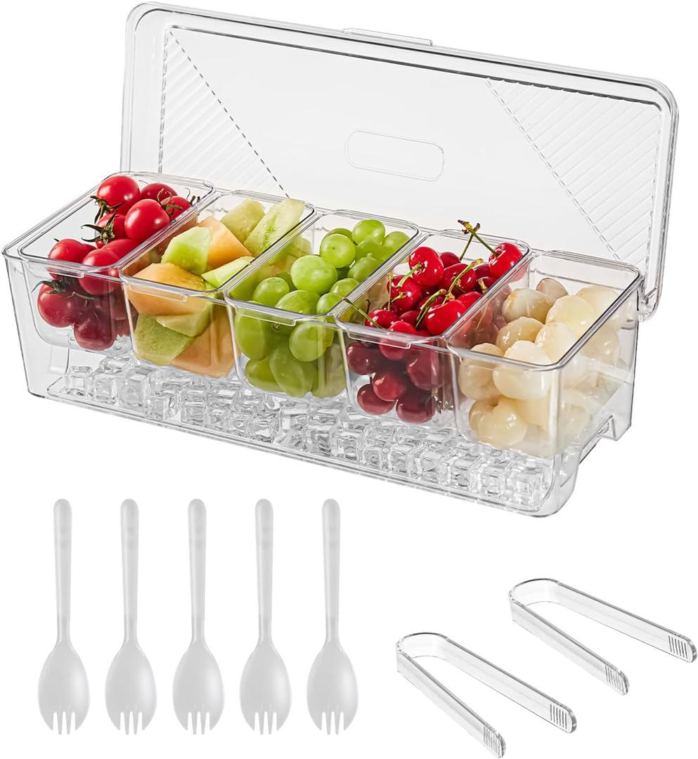 Ice Chilled Condiment Caddy, Stackable Chilled Condiment Containers, Serving Platters with Lid and 5 Removable Compartments, Set of 5 Serving Spoons & 2 Clips (1pack)