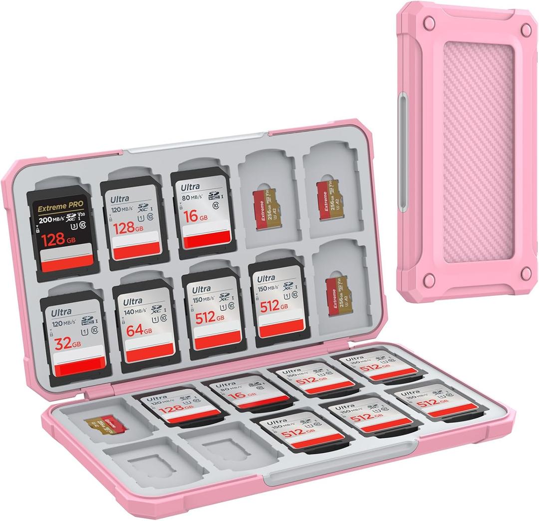 HEIYING Memory Card Case for SD/TF Cards,Portable SD Card Holder Storage Case Compatible with 20 SDXC SDHC and 20 TF Cards Slots (Upgrade Carbon Fiber Pink)