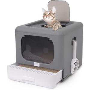 Foldable Enclosed Cat Litter Box with Front Door & Top Entry, Pull-Out Drawer Type, Cat Toilet with Lid, Easy Cleaning and Anti-Splashing Litter Tray with Plastic Scoop (Grey)