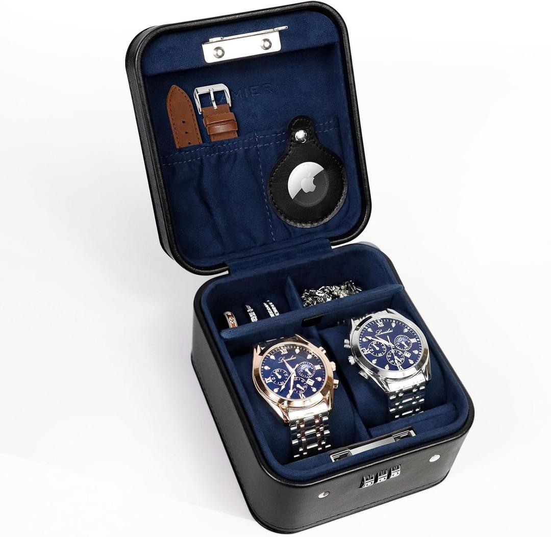 KAMIER Watch Travel Case with Combination Lock - 2 Watch Storage and Jewelry Organizer - Watch Case for Ring and Watch Storage, PU Leather Travel Watch Case, Ideal for Gift (With Gift Box) (Black)