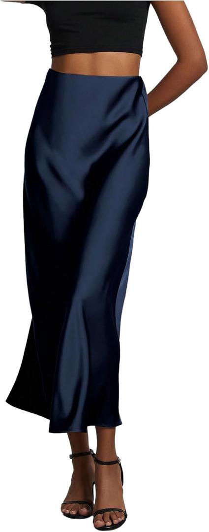 SHENHE Women's Satin Maxi Skirts High Waisted A Line Long Skirts Elegant Office Skirts (M)