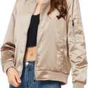 Satin Bomber Jacket Women Casual Fall Varsity Jackets Zip Up Outerwear Windbreaker with Pockets (X-Large, Champagne)