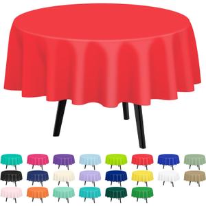 QIKSION Red Round Tablecloth 2 Pack, 84 Inch Plastic Table Cover Disposable for Parties