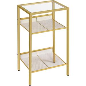HOOBRO Gold Side Table, Tall Telephone End Table with Mesh Shelves, 3-Tier Nightstand with Tempered Glass Top, for Living Room, Bedroom, Gold GD04DH01