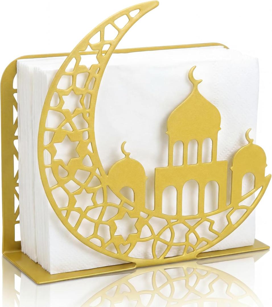 LemonRoad Eid Mubarak Napkin Holder Ramadan Kareem Table Decorations Gold Metal Moon Hollow Cocktail Paper Towel Holder Islamic Tissue Dispenser for Ramadan Muslim Party Tabletop Decors