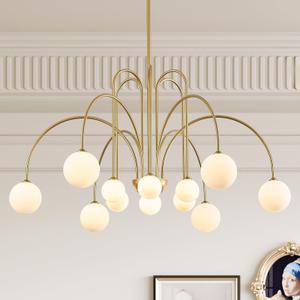 CATINER Large Sputnik Chandeliers 12 Lights Modern Gold Chandelier for High Ceiling L52” Mid Century Ceiling Pendant Light Fixtures with Milk Glass Globe Shades for Living Dining Room Foyer Staircase