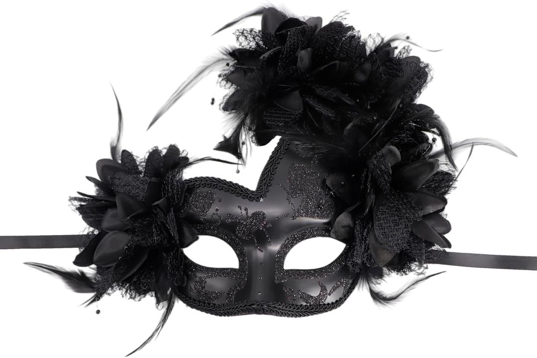 Masquerade Mask, Feather Flower Decorated, Venetian Style Costume Party Mask Props (Heart Black)