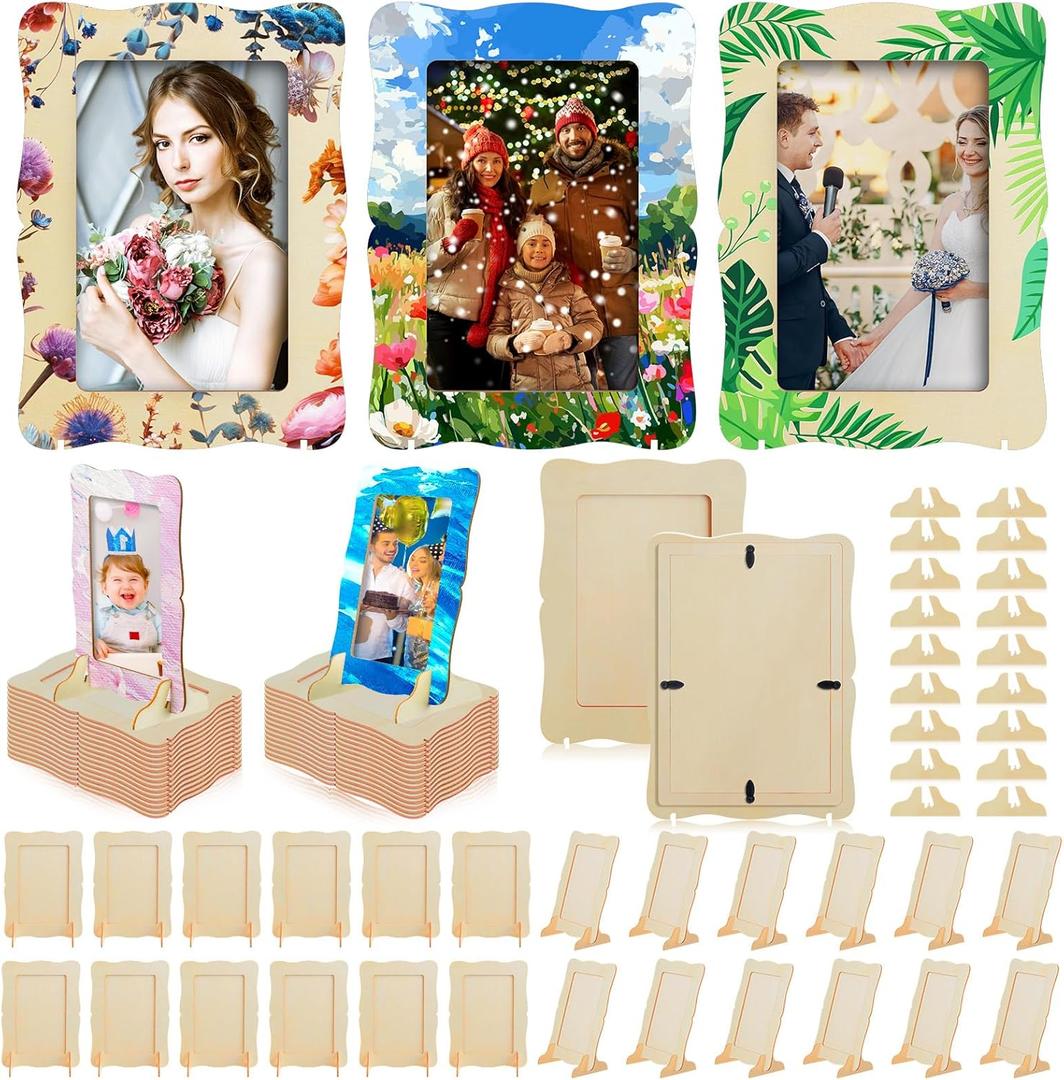Geelin 50 Pack DIY Wooden Picture Frames for Crafts for 4 x 6 Inch Photos Unfinished Solid Wood Photo Picture Frames for Crafting DIY Painting Birthday Wedding Birthday (Wavy Edge)