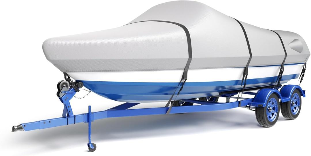 600D Waterproof Boat Cover, 14-16'x90 Marine Grade Heavy Duty Trailerable Anti-UV Polyester Canvas, Fits 14-16ft x90 Bass Boat, Fish & Ski,Grey