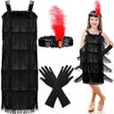 4 Pieces Girl's 20s Flapper Dresses Costume Set Feather Headband Fringed Dresses Gloves for Halloween Party (Black) One Size