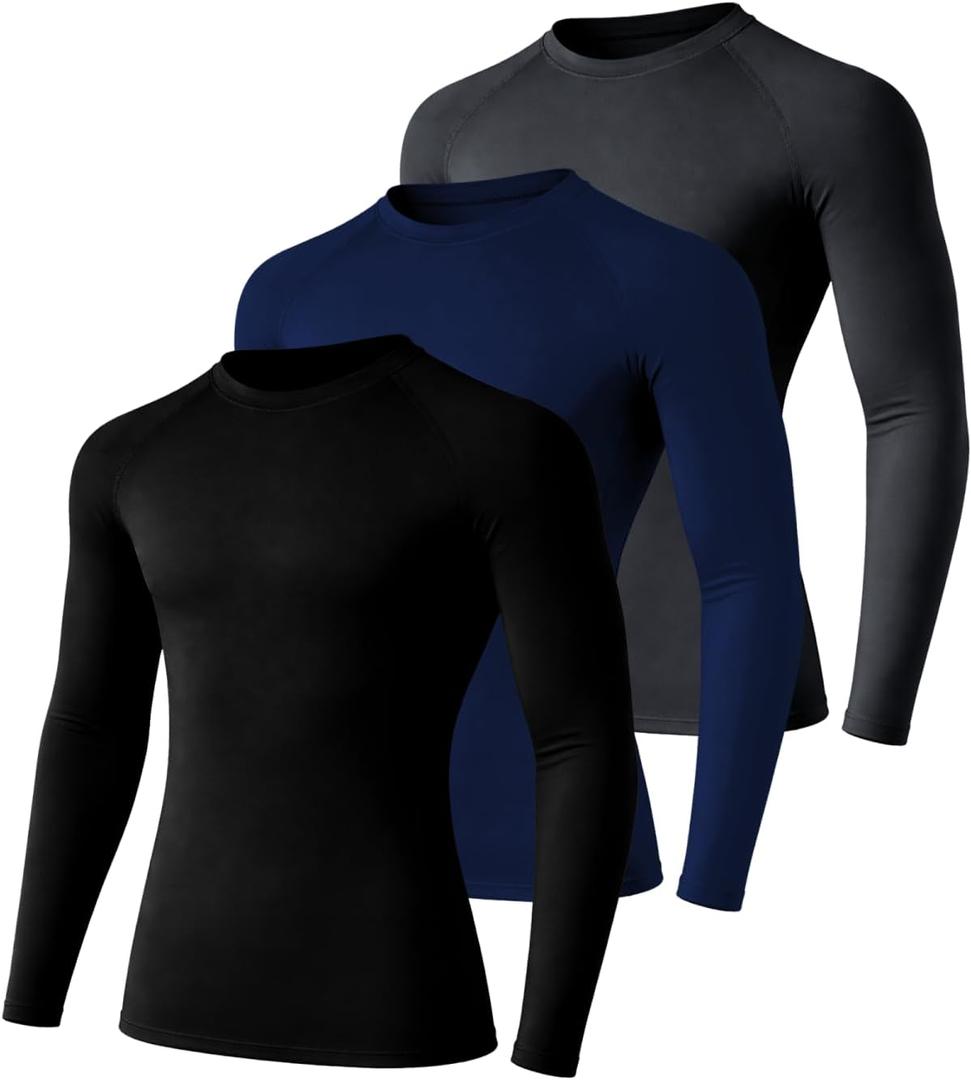 3 Pack Youth Boys' Quick Dry Compression Long Sleeve Shirts, Kids Crewneck Athletic Tight Base Layers Size L