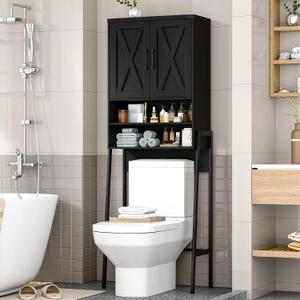 Vabches Over The Toilet Storage Cabinet, Farmhouse Over Toilet Storage Cabinet, Metal Frame with 2 Barn Doors, Home Space-Saving Toilet Rack for Bathroom, Toilet, Laundry Room,Black, 24.41" x 7.68" x 66.54"