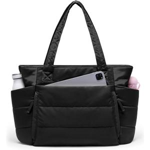 Tote Bag for Women with Zipper, Quilted Puffer Tote Bag with Compartments, Lightweight Puffy Work Bags for Women Travel (Black)