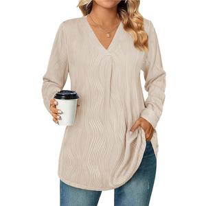 Womens 3 4 Sleeve Blouse Long Sleeve Business Casual Tunic Tops V Neck Work Tops Textured Dressy Casual Shirts (Light Khaki, Large)