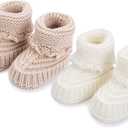 2 Pairs Baby Booties Newborn Baby Hand Crochet Knit Boots Infant Soft Cozy Warm Shoes for Toddler Girls Boys (White)