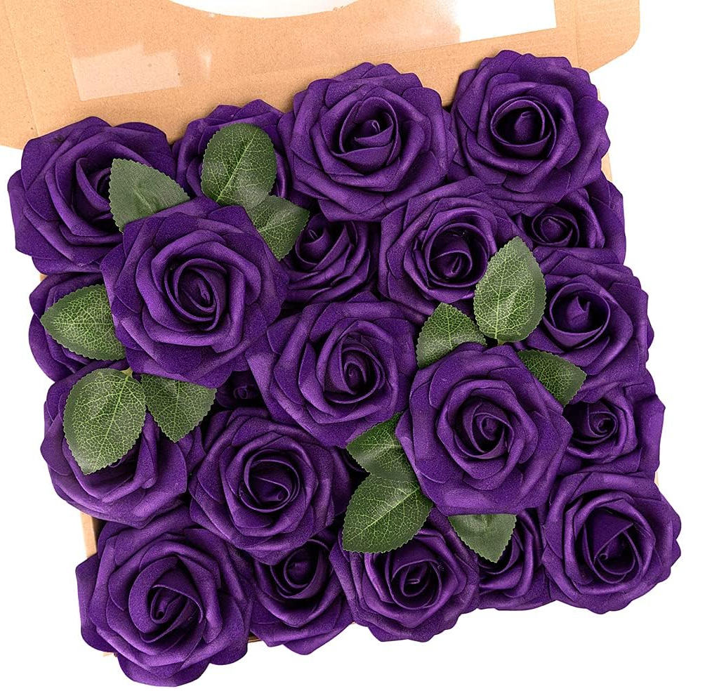 N&T NIETING Artificial Flowers Glowing Purple Flowers Foam 25pcs Glitter Roses Real Looking Fake Roses with Stem for DIY Wedding Bouquets Centerpieces Bridal Shower Party Home Decorations