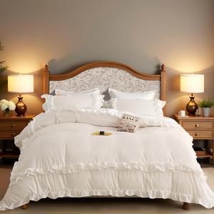 White Ruffle Duvet Cover King Girls Shabby Chic Farmhouse Bedding Set 3Pcs 100% Washed Microfiber Duvet Cover Set Boho Vintage Ruffled Bedding with Zipper Closure & Corner Ties,2 Pillowcases
