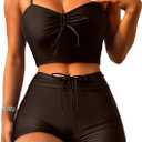 Lilosy Drawstring High Waisted Bikini Set Srting Swimsuit Spaghetti Strap Cami Top and Tie Side Shorts 2 Piece (Medium, Brown)