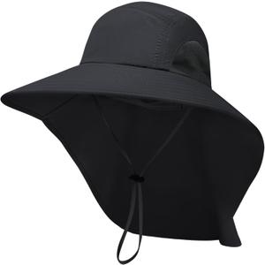 PFFY Sun Bucket Hats for Men Women UV Protection Sun Hat with Neck Flap (Black)