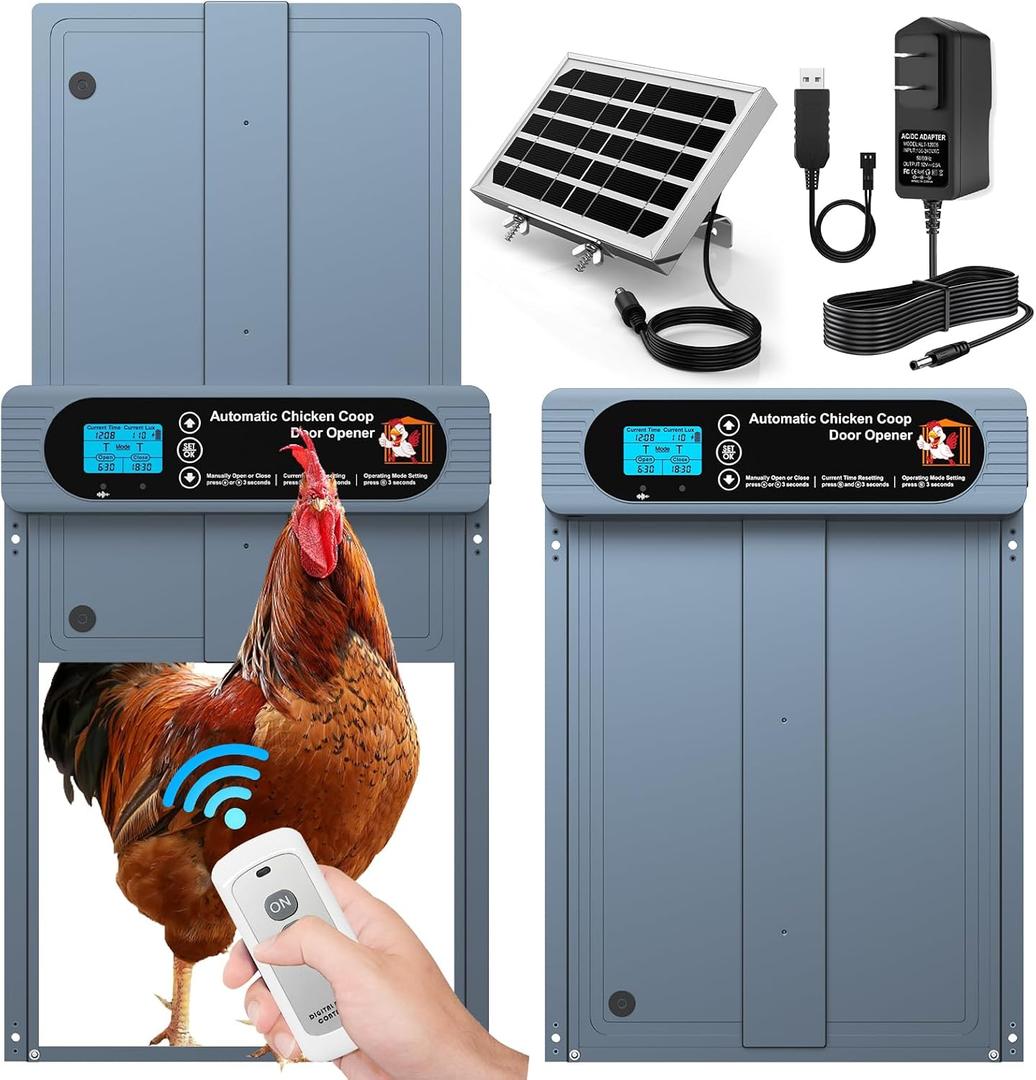 Automatic Chicken Coop Door, Extra Large Size, Anti-Pinch Design,Programmable Timer & Light Sensor Modes, Large LCD Display, Solar Powered Auto Chicken Door Opener with Remote Control (50m)
