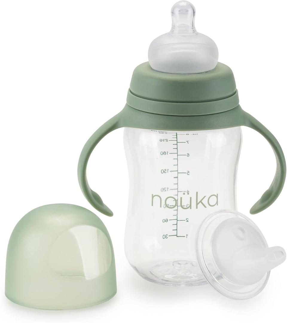 noüka Transitional Baby Bottle/Sippy Cup | Non Spill | Easy Grip Double Handles | Dishwasher Friendly | Moss | Size 8 Oz